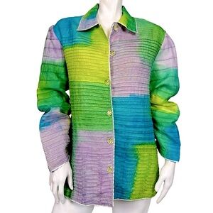 VINTAGE ANAGE Green & Blue Silk Chiffon Pintuck Button Up Oversized Shirt Jacket